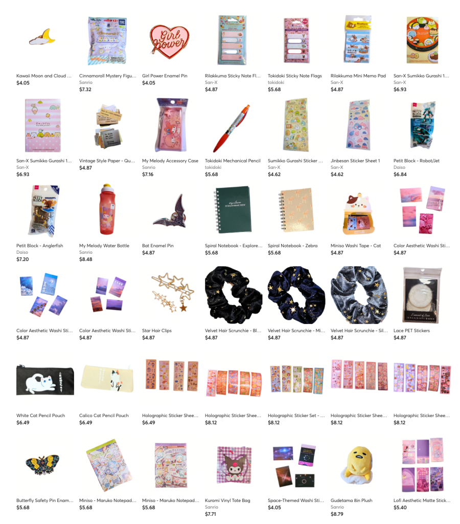 A collage of various cute stationery items and accessories, including stickers, notebooks, pencil pouches, and pins, arranged neatly for display.